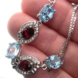 Rhodolite Garnet 2.22ct Blue Topaz 2.71ct Platinum Finish Solid 925 Bracelet